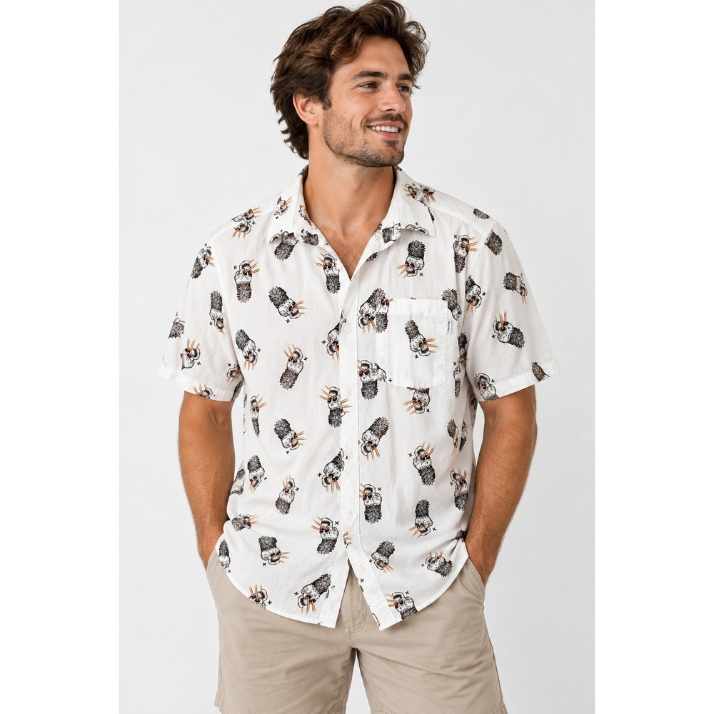 Hurley Button Down Mens M Edgy Tropical Skull Pineapple Rainbow Laser Stretch
